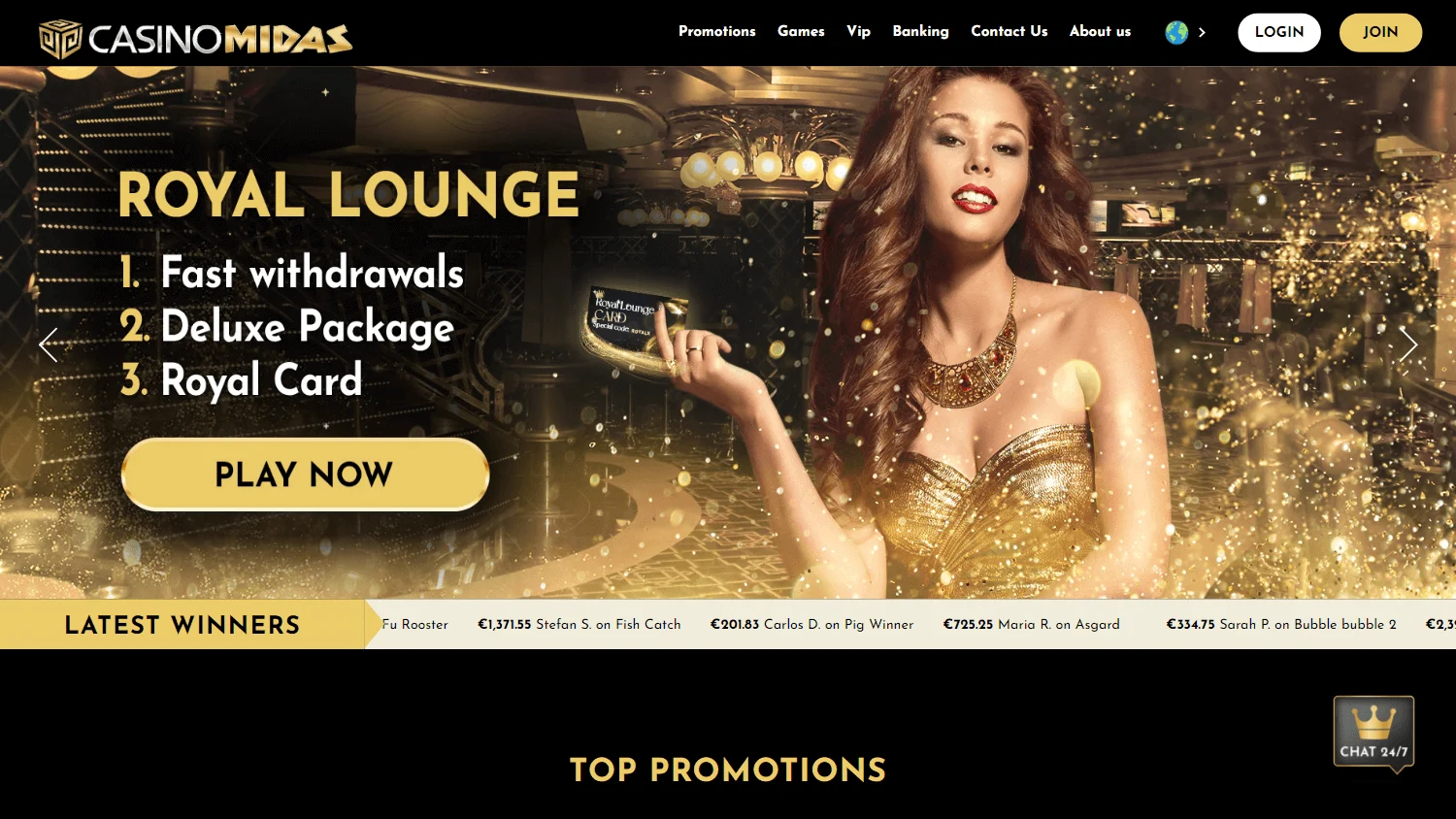 Midas Casino desktop home interface with casino access and promotional content