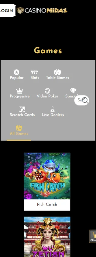 Midas Casino mobile games area with casino categories