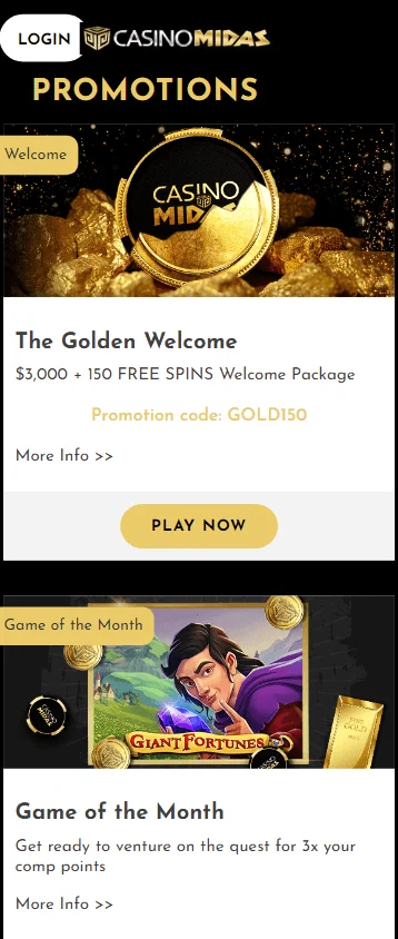 Midas Casino mobile promotions area with casino offers
