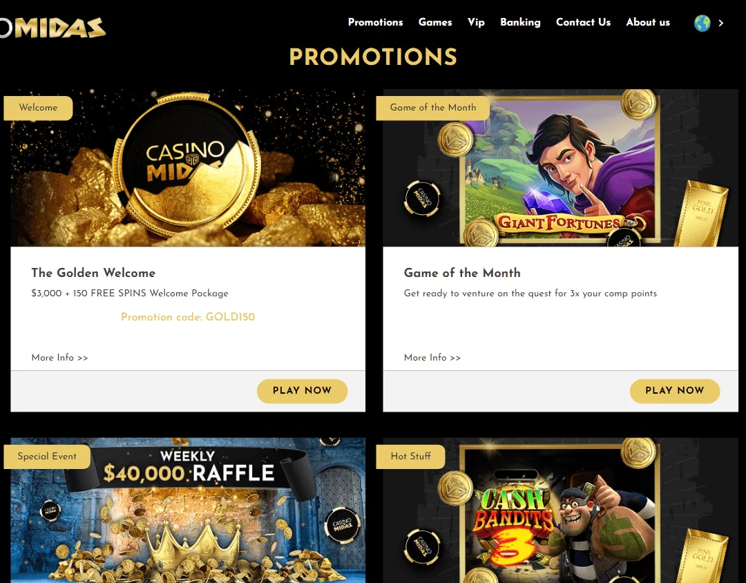 Midas Casino desktop promotions area with bonus and Free Spins offers