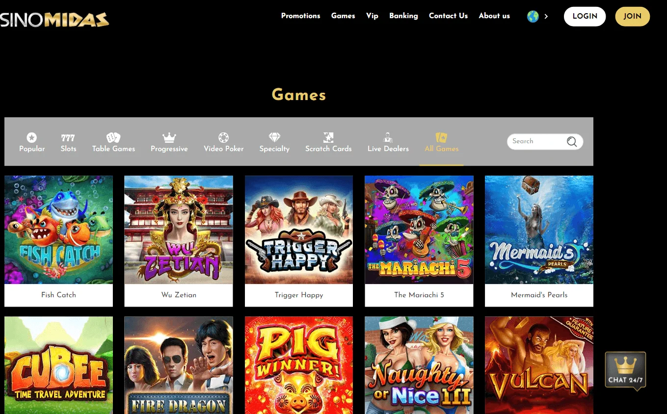 Midas Casino desktop games area with casino game categories